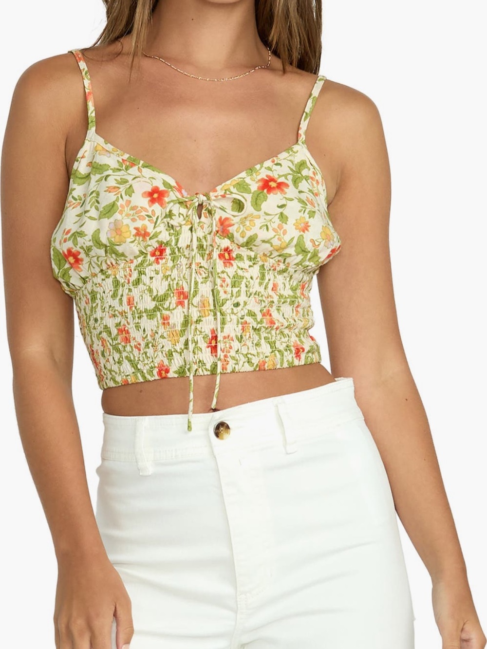 Billabong Babe Cream Floral Smocked Crop Tank Camisole Green & Orange Accents